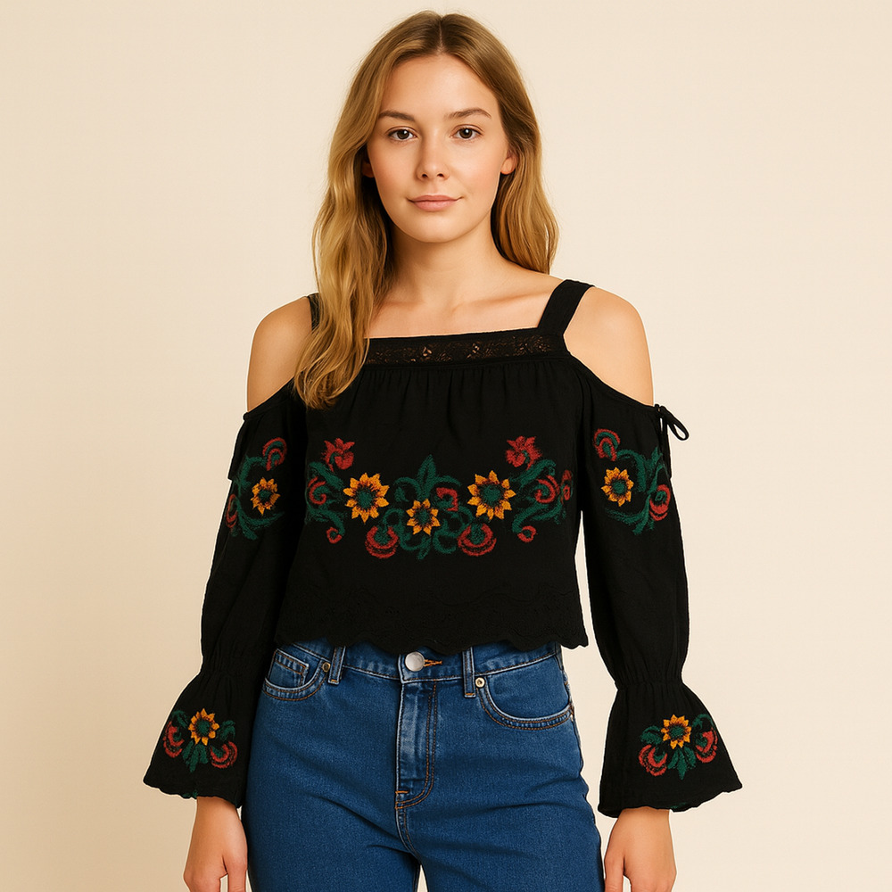 Forever 21 Womens Cold Shoulder Boho Top Floral Embroidered Bell Sleeve Sz Small